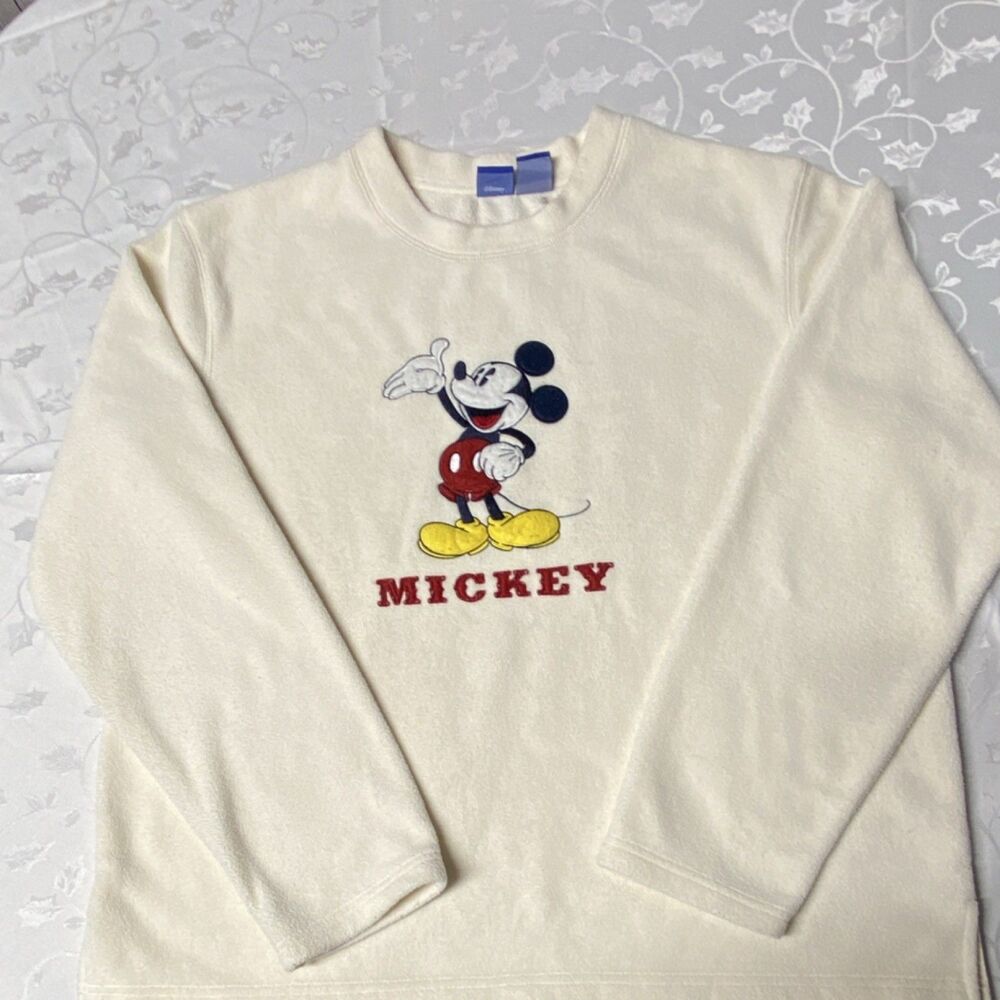 Disney Mickey Mouse Womens Cream Fleece Pullover Sweatshirt Size XL